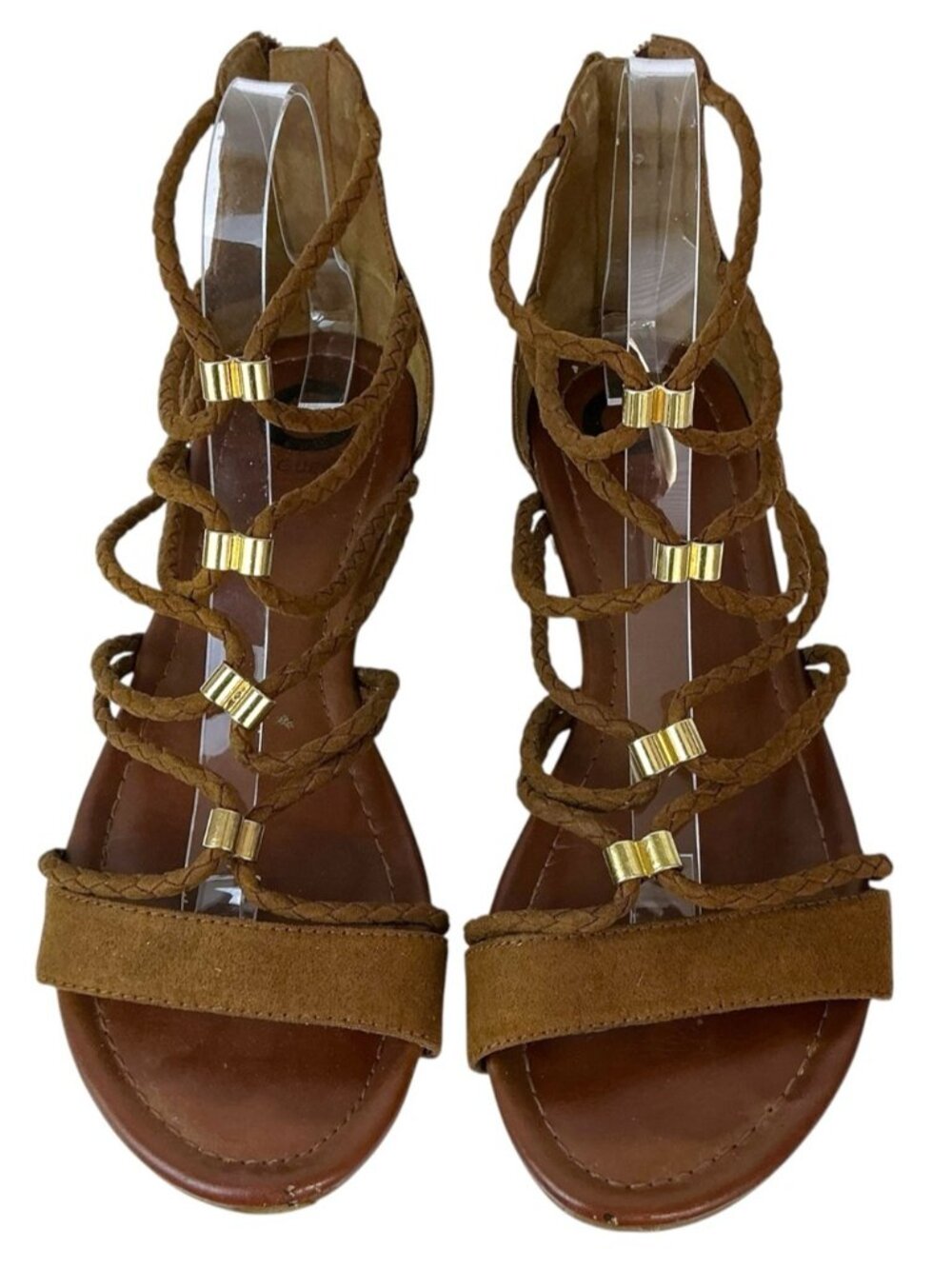 Guess Gladiator Sandals Suede Leather Strappy Gold Accents Brown 8 1/2 Medium - Picture 9 of 16